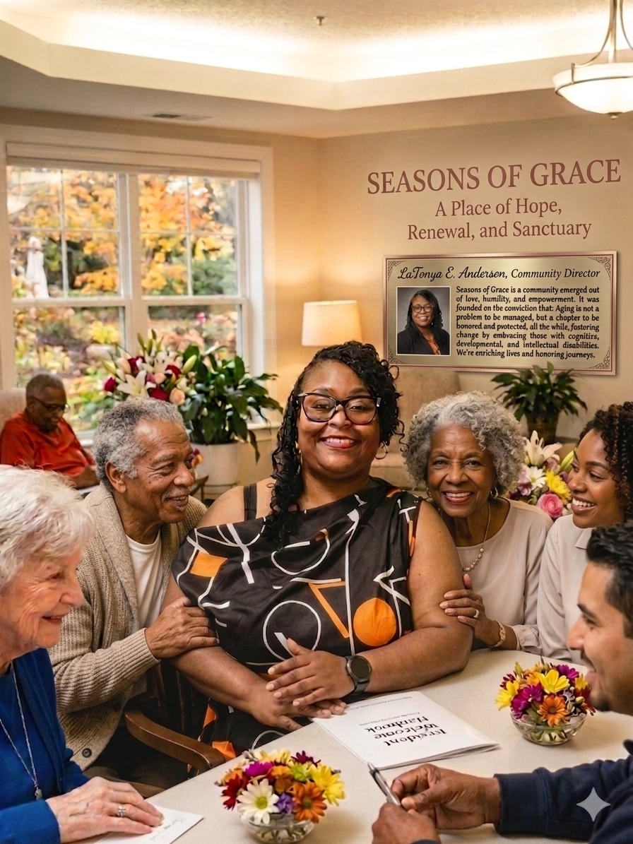La Tonya Anderson smiling with residents and family members at a Seasons of Grace gathering