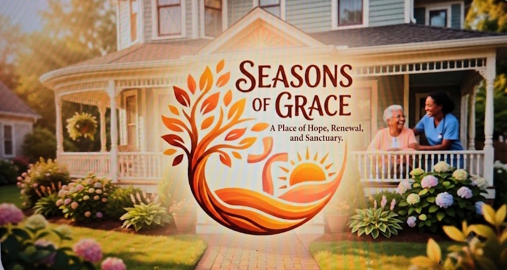 Seasons of Grace — a caregiver and an older adult together on the front porch of a Seasons of Grace home